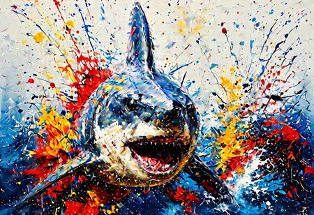 professional photograph of shark rising from the sea, ocean scene, splashes, blues, whites, yellows, reds, extreme detail, ultra realism, depth of field, viginette