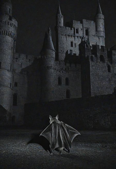 bat walking around a castle at night