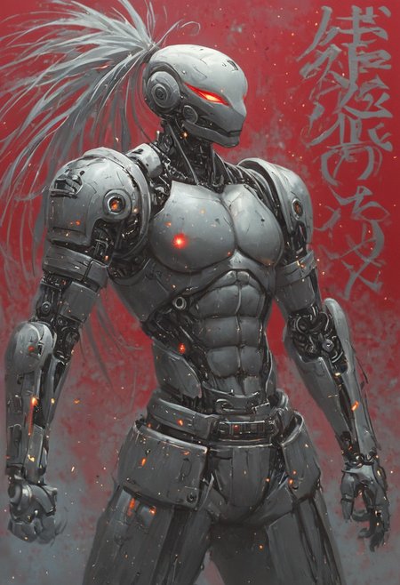 Create a extrahart, mystical, and high-resolution image of an busty female anthropomorphic a humanoid robot with intricate mechanical components named c3po. The character should be depicted in a manga cover style with wealthy portraiture and poster art elements. The image should feature rich colors and high contrast, focusing on the best quality, official art, and a beautiful and aesthetic appearance. Include fractal art elements and a colorful background with a splash of color. Use a movie perspective and an advertising style, similar to a magazine cover. C3po samurai should be shown solo, wearing Japanese clothes and armor, holding a sheathed katana, and standing in a cowboy shot pose. The robot should have neon green and yellow hip-hop clothes, tattoos, muscular abs, shoulder armor, and a metallic flowers in the background. Emphasize a samurai theme with a black and red background and starwars elements.