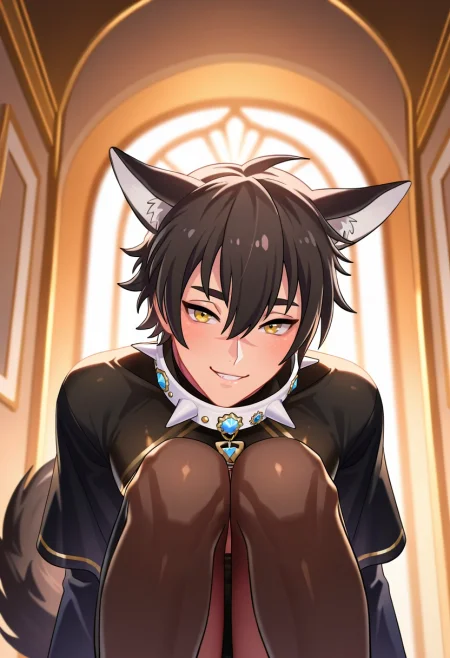 masterpiece, best quality, , (3d:0.4), looking at viewer, depth of field, 1boy, solo, male focus, <lora:garu_nu_carnival_ilxl:0.92>, garu_nu_carnival, black hair, yellow eyes, short hair, animal ears, scar, hair between eyes, spiked collar, wolf boy, wolf ears, tail, panorama, corridor, dawn, knees up, naughty smile, burglar costume