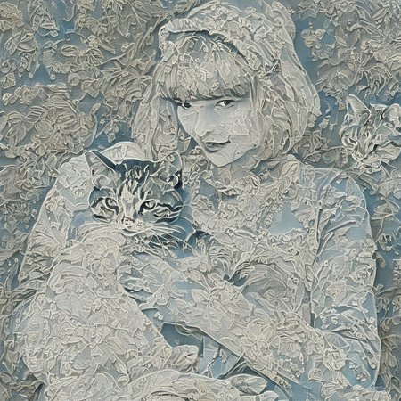 <lora:SDXL_lace_drawing_Sa_May_V3:1>   lace drawing a woman with cat