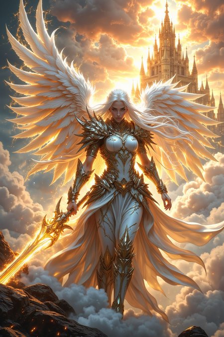 A powerful, awe-inspiring female warrior with long, flowing white hair, clad in radiant white spiked armor, stands with a menacing aura. Her ethereal, glowing white wings stretch out majestically behind her, shimmering with divine light. She holds a massive, radiant sword that emits an intense white light, crackling with electric energy swirling around her like a celestial storm. Her piercing red eyes glow through the mist, adding to her fierce, commanding presence.
In the background, a grand temple rises from the clouds, its towering pillars and intricate carvings radiating with divine energy. The heavenly temple, bathed in golden light, creates a majestic backdrop, emphasizing the warrior's divine connection. Soft golden clouds float around, with beams of divine light breaking through, creating a serene yet powerful atmosphere. Gentle orange glowing dust drifts through the air, adding a magical touch to the ethereal landscape. Ultra-realistic, hyper-detailed, with cinematic lighting and perfect composition, the image captures the contrast between the angelic and the fierce, framed by the high-contrast interplay of light, shadow, and the divine architecture.
<lora:FluxMythP0rtr4itStyle:0.75> mythp0rt
<lora:Aura_Flux:0.6> 
<lora:ImageUpgraderV2:0.5> detailmaximizer