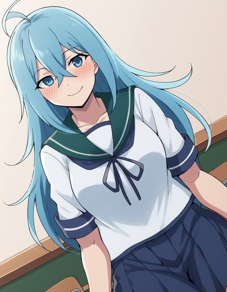score_9, score_8_up, score_7_up, source_anime, <lora:vivy-s1-ponyxl-lora-nochekaiser:1>, vivy, blue hair, blue eyes, crossed bangs, ahoge, hair between eyes, medium breasts,, <lora:kancolle-fubuki-cosplay-ponyxl-lora-nochekaiser:1>, kancolle fubuki cosplay, fubuki (kancolle) (cosplay), blue skirt, cosplay, pleated skirt, sailor collar, school uniform, serafuku, neckerchief, ribbon,, indoors, smile, blush, sitting, classroom,, cowboy shot, looking at viewer,, , dutch angle, cowboy shot