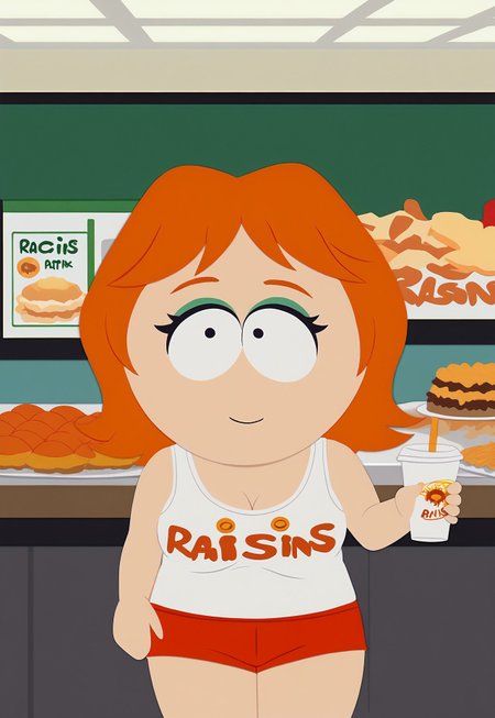 safe_pos, score_9, raisins uniform, clothes writing,
solo, 1girl, short shorts, orange shorts, white tank top, breasts, makeup, smile, orange hair, chibi, south park, restaurant, food, 
SPstyle, source_cartoon, 2D