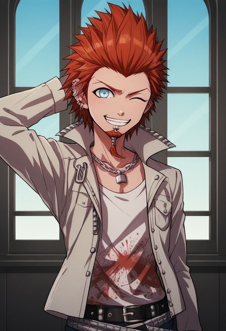 score_9, score_8_up, score_7_up, source_anime, highly detailed, 
leokuwata, 1boy, solo, male focus, jewelry, smile, ring, red hair, spiked hair, grin, belt, earrings, blue eyes,
necklace, looking at viewer, jacket, chain, ear piercing, piercing, goatee, print shirt, upper body, one eye closed, hand behind head
indoor, window,,