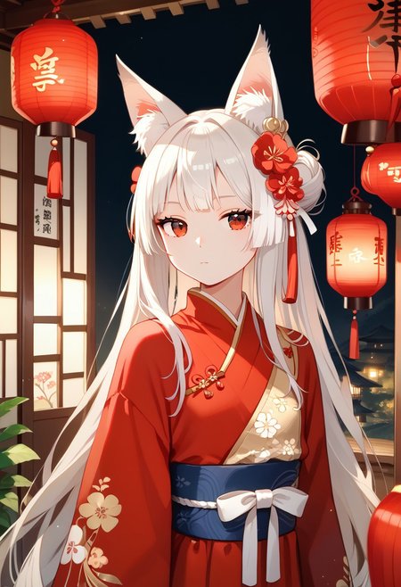 score_9, score_8_up, score_7_up, score_6_up , (masterpiece, best quality:1.4), 
high detailed background,(young-fox-girl:1.6), (white-hair:1.5), (red-eyes:1.6), (hanfu:1.4), (anime-style:1.5), (expressionless:1.6), (innocent-look:1.5), (fox-ears:1.4), petite, long-sleeves, (flowing-hanfu:1.3), (minimal-expression:1.5), hair-ornaments, soft-color-palette, traditional-chinese-patterns, (dim-lighting:1.2), ancient-chinese-room, lanterns, sliding-doors, cinematic, digital-illustration