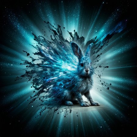 An image of a dystopian jungle at night in Blade Runner style with neon fluorescent dust, a cyberpunk rabbit with reflective skin sits directly centre of image slowly dissolving into space, ral-dissolve.