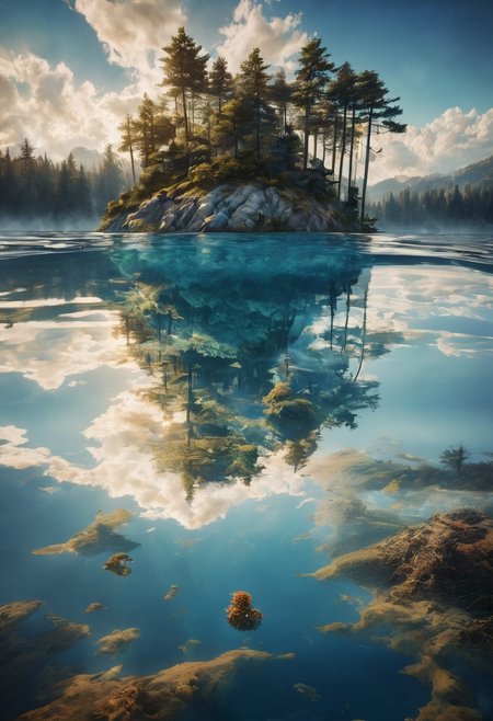detailed landscape, great lighting, Create a photorealistic image featuring a photograph taken The Earth floating in the air, double exposure, water only, Specular Reflection, clear and beautiful,  reflection, sunlight,  blue sky, day, beautiful view, mysterious glow, beautiful clouds, depth of field, masterpiece, best quality, 8k, ultra-detailed, very aesthetic, illustration, superb composition, finest details, intricate details, absurdres, high contrast,