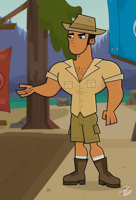 score_9, score_8_up, score_7_up, score_4, score_5, score_6,  dynamic view, dynamic pose, High Quality, perfect body, cartoon source, break
Diego Olivo, 1boy, solo, tanned skin, brown eyes, chest hair, muscular, Big chest, Big pecs, thick eyebrows,  hat, ochre shirt, olive green shorts, white socks, brown boots,  break
beach, sunny, blue sky.