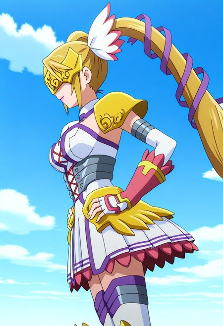 official art, detailed anime, ultra detailed anime art, anime screencap, screencap, score_9, score_8_up, score_7_up, score_6_up, masterpiece, anime coloring, source_anime, 1girl, solo, large breasts, magical girl, blonde hair, pink lips, twintails, digimon \(creature\), gloves, very long hair, armored dress, white dress, fingerless gloves, covered eyes, thighhighs, mask, armoded high thigh boots, shoulder armor, white gloves, elbow gloves, winged mask, mask, cleavage, asymetrical pauldrons, shoulder pads, armored mini skirt, detached collar, white thighhighs, hair ribbon, winged greaves, hair ornament, zettai ryouiki, detached sleeves
BREAK
cowboy shot, side view, from side, standing, hands on hips, generic green meadow, perfect weather, clouds on sky,