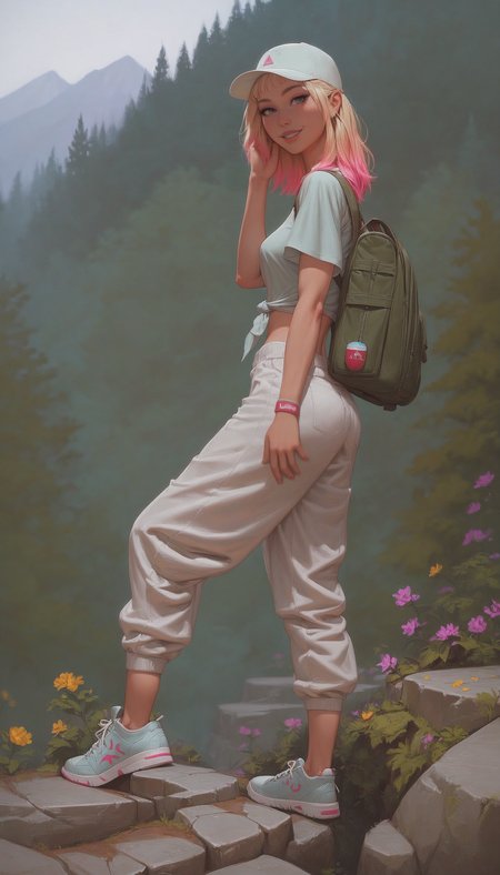 (score_9, score_8_up, score_7_up), view from side, full body, volumetric lighting, vivid colors, 1girl, 23 years old, solo, detailed face, posing for a photo while hiking, standing, looking back to viewer, hand in hair,  medium hair, multicolored hair, blonde hair, pink hair, petite, skinny, medium perky breasts, pretty face, happy, light smile, looking back to viewer, backpack, baseball cap, baggy crop-top, short pants, sneakers, mountain range, bushes, trees, g0thicPXL, glowing, neon, embedding:safe_pos,
