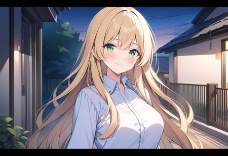 (extremely detailed CG unity 4k wallpaper),(masterpiece),(best quality),(ultra-detailed),(best illustration),(best shadow),(absurdres),(detailed background), (high res image), (High image quality),(Looking at the front),(looking at the audience),(Upper Body),
（A cute white dress,）
1girl, solo, 
Blush, smile,
long hair, Large breasts,
Braided long hair, blonde, Green eyes,
evening,
Walking through a residential area in the evening,