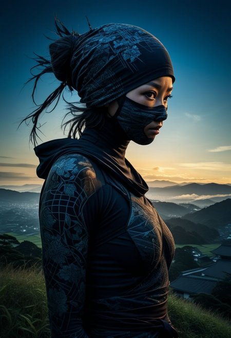mysterious silhouette ninja woman, rural japan, goddess, alluring, by Minjae Lee, Carne Griffiths, Emily Kell, Steve McCurry, Geoffroy Thoorens, Aaron Horkey, Jordan Grimmer, Greg Rutkowski, amazing depth, double exposure, surreal, geometric patterns, intricately detailed, bokeh,  perfect balanced, deep fine borders, artistic photorealism , smooth,  great masterwork by head of prompt engineering   <lora:add-detail-xl:2>  <lora:Double_Exposure:0.5>