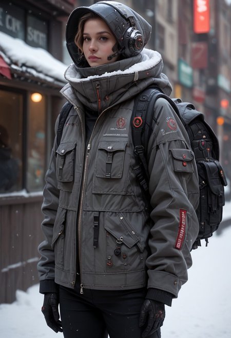 score_9, score_8_up, score_7_up, score_6_up, score_5_up, score_4_up, source_photo, source_real, cowboy shot, full body, snow, techwear, solo, gloves, long_sleeves, standing, jacket, pants, hood, bag, blurry, no_humans, blurry_background, backpack, helmet, robot, mecha, 1other, zipper, science_fiction, realistic, humanoid_robot, Vivid Colors, high Contrast,
