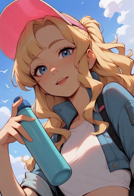 masterpiece, best quality, stylized, 1girl, solo, blonde hair, wavy hair, half updo, sidelocks, choppy bangs, blue eyes, light smile, open mouth, looking at viewer, hand up, holding bottle, aqua thermos, visor cap, pink cap, transparent cap, t-shirt, white shirt, cropped jacket, denim jacket, black backpack, upper body, from below, dutch angle, blue sky, day, cloud, bird