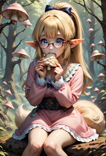 anime art. girl with blonde hair, cute blue eyes, glasses, pointy ears. pink short dress, small boobs, forest, fluffy tail, sitting, eating mushroom