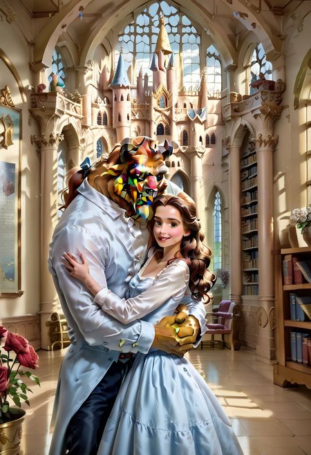 score_9, score_8_up, score_7_up, score_6_up, Belle, blue dress, white shirt, white long sleeves, long hair, ponytail, bow, 1girl, small breasts, stiff breasts, hourglass figure, lustful gaze, looking at the viewer, square neckline, background of large library, inside a castle, standing in the center of the castle library, hugging TheBeast, abandoned castle, castle covered in dust, face turned towards TheBeast, Thebeast dressed as a prince, holding flowers, holding a large dark red rose,