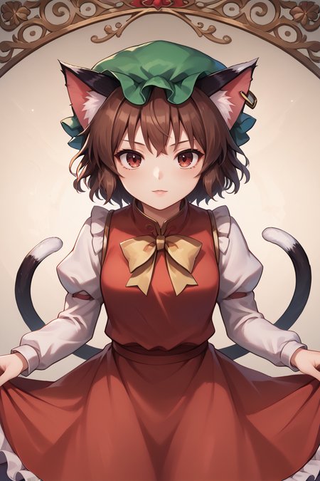 score_9, score_8_up, score_8, score_9, 1 girl,  source_anime, <lora:chen_pony-10:1>, chen, brown hair, brown eyes, cat ears, green hat, mob cap, two tails, red dress, juliet sleeves, frills, <lora:Concept Art Ultimatum Style LoRA_Pony XL v6:0.8>, <lora:princess_xl_v2:0.8>, <lora:Smooth Anime 2 Style SDXL_LoRA_Pony Diffusion V6 XL:0.8>, <lora:add-detail-xl:-0.5>, danmaku, touhou, detailed_background, outer glow, dynamic pose, cinematic