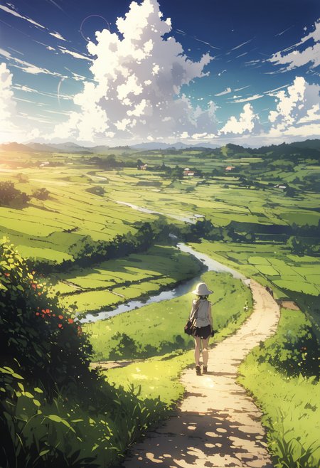 (best quality, ultra detailed), landscape, paddy field, countryside, footpath, early summer, lens-flare, very aesthetic, ultra high res, absurdres, polarized