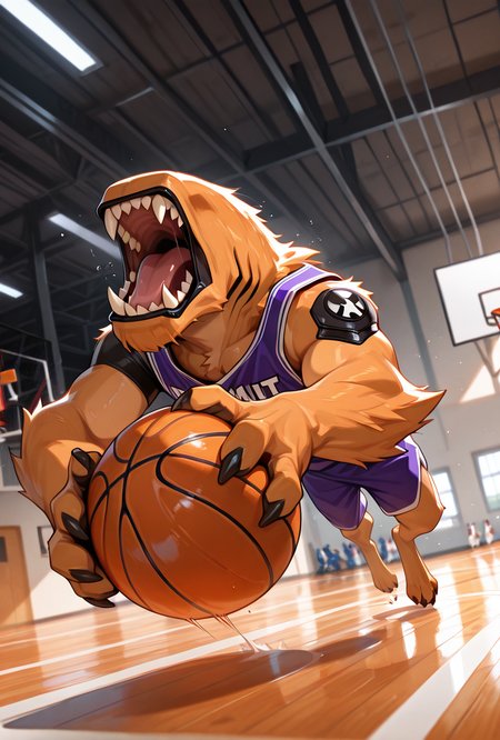 <lora:wildmutt-06:1> wildmutt, solo, no humans, claws, sharp teeth, no eyes, no ears,   basketball, basketball uniform, basketball (object), basketball shorts, ball, sportswear, dribbling (basketball),, fast action, basketball court, open mouth, running, looking away, dribbling, speed lines, dynamic pose,, masterpiece, best quality, amazing quality, very aesthetic, absurdres, newest,