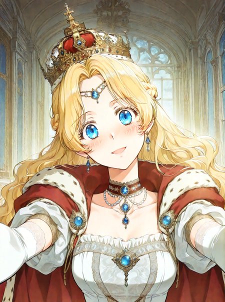 <lora:Athanasia_r1:1>
1 girl, solo, princess, blue eyes, blonde hair, long hair, wavy hair, french braid, bangs, parted bangs
white dress, necklace, collarbone, earrings, choker, gem, jewelry, red cape, crown, bracelete, pearl necklace, white gloves, elbow gloves,
score_9, score_8_up, score_7_up, score_6_up, source_anime, rating_explicit, 1girl, solo, smile, embarrassed, alcalose eyes, open mouth, mansion, indoors, looking at viewer, outstretched arms, pov, close-up, (head tilt:1.2), <lora:iLLMythG0thicL1nes:1>