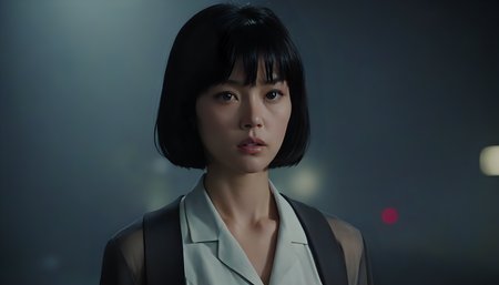 Motoko Kusanagi in Blade Runner 1982, neo noir, cyberpunk, cinema still medium shot 8k, wearing school uniform