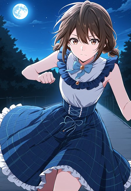 <lora:Eleanor_Leywin__The_Beginning_After_the_End__Illustrious:1>
1 girl, solo, brown hair, brown eyes, bangs
dress, blue skirt, plaid skirt, long skirt, white shirt, bracelete, blue bowtie, jewelry, frills, twintails, low twintails, hair between eyes, shirt sleeveless, medium hair
score_9, score_8_up, score_7_up, very aesthetic, source_anime, detailed, high quality, beautiful, masterpiece, very aesthetic, high definition, amazing quality, highres, absurdres, outdoors, looking at viewer, dynamic pose, night, blue moon