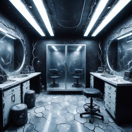 detailed DonMD3m0nXL Cyberware Modification Lab, Dryer,Magic Mirror,Fairy Dust,Unicorn Horn, Rubber Flooring,Breccia stone, Track Lighting, Wall Washing, cyberpunk, sci-fi, <lora:DonMD3m0nXL-000010:1>
