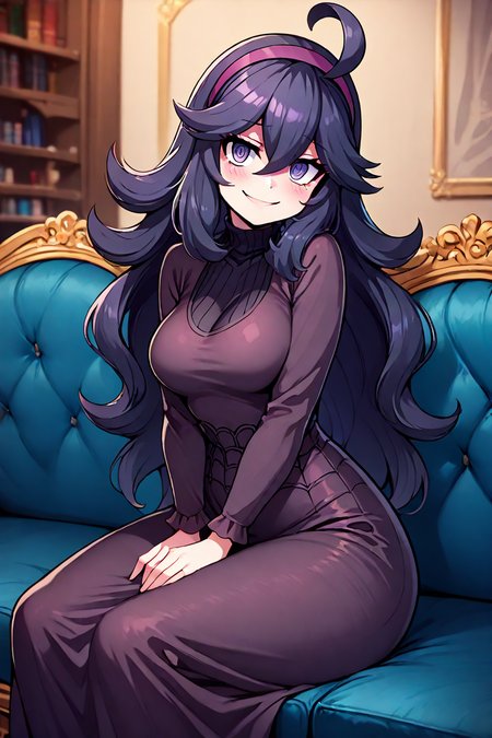 masterpiece, best quality, absurdres, medium breasts, (curvy), cute, eyelashes,      vivid colors,   BREAK,  ,,, , ,,,    hex maniac (pokemon),   long hair, ahoge, purple hairband, purple eyes, large breasts, long dress, <lora:HexManiacPokemonIXL:1.0>,  ,,,   , ,,, hand on lap, blush, smug,  ,,,   smile, looking at viewer, blush, blurry, couch, sitting, shiny skin, <lora:CatalystIXL:0.8>,