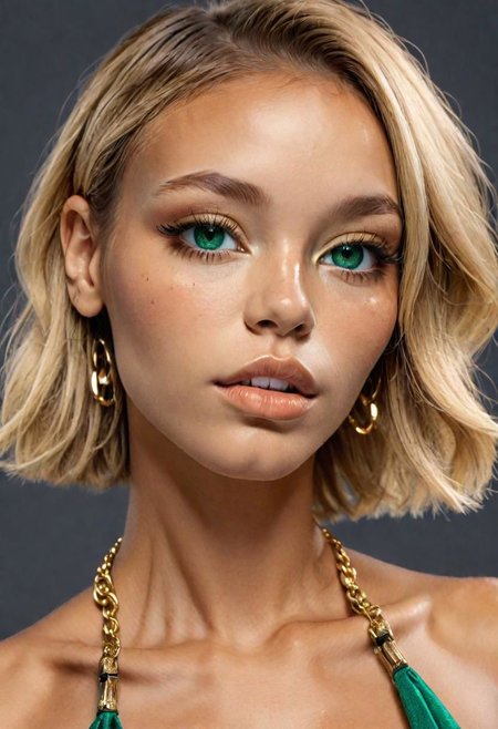 (masterpiece, best quality), female early twenties, well-defined, sub-saharan african, emerald eyes,  straight nose, u-shaped chin,  low cheekbones,  square face shape,   , dirty blonde
 long bob hair, loneliness
 wearing __bo/properties/color__    tiger print
 microfiber cheeky,  tanga,   collar pins ,,
, one hand covering the mouth, indicating shock or disbelief