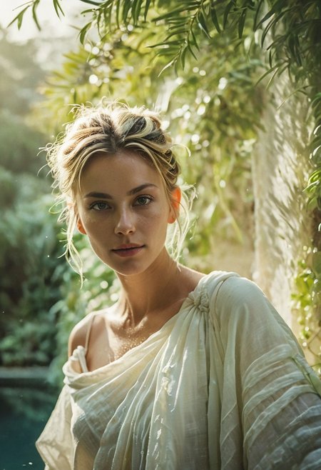 highly detailed and hyper realistic novuschroma37 style NightScapes Woman Portrait photo, high-contrast monochrome palette, freckled ancient Busty blonde with Messy Hairbun wearing White See through linen toga, light smile, subtle grain, timeless feeling, cinematic quality, modern art photograph, A breathtaking photo capturing the magnificence of the Hanging Gardens of Babylon by night, The image showcases the immense, lush terraces with cascading steps around a vibrant crystal turqoise and deep blue tiled swimming lake inviting to take a bath, lavishly adorned with marble and crafted from the finest stones. The pastel-hued tiled steps are teeming with exotic plants, creating a vibrant and verdant paradise. Birds flit gracefully among the foliage, adding to the enchanting ambiance of this ancient marvel., , limited dark palette, vibrant colors, faded, atmospheric haze, highly dramatic cinematic lighting, motion blur, film grain,  professional, excellent composition, finest details, maximized details, ultimate detail level, masterpiece, best quality, ISO 300, 1/250s, F/2,8, 38 mm, extremely high quality RAW photograph, 4k, sharp focus, high resolution, 8k UHD, DSLR, high quality, film grain, Fujifilm XT3