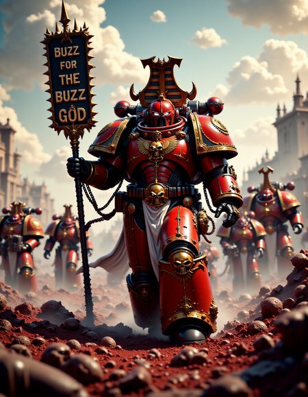 cinematic film still, low angle, ground up view. Depict a  horned thous40k Berzerker of Khorne walking dramatically towards camera on a bloody battlefield, clad in intricate red and bronze power armor. This armor is covered in spikes, skulls, and the symbol of Khorne. In his right hand, he holds a large banner that says âBuzz for the Buzz Godâ. The background features a tumultuous sky with swirling clouds and a debris-covered ground, hinting at a recent battle. Other chaos marines are visible in the chaotic scene, with rich, vibrant colors and meticulous textures throughout, shallow depth of field, highly detailed, bokeh, moody, epic, gorgeous, film grain, grainy  <lora:FluxThouS40k:1.0> thous40k <lora:Berzerker_of_Khorne_-_Warhammer_40000_Flux:0.8>