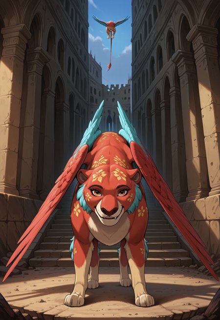 reallynxgirl_style, Solo, score_9,score_8_up,score_7_up, score_6_up, Jaquin Elena, female, looking at viewer, stand, folded wings, wings pressed, solo, feral, outside,  detailed background,
