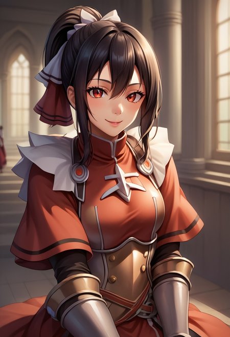 score_9, score_8_up, score_7_up, detailed, intricate details, chromatic aberration, realistic, veins source_anime, kuroinukaguya, , (best quality) , (highly detailed) ,((masterpiece)), ((best quality)), (ultra-detailed), ((extremely detailed)), (high resolution), 4K, (8K), best quality, (beautiful), (dynamic lighting), (super detailed skin), sharp focus, (1_girl, solo focus), score_9,score_8_up,score_7_up,anime coloring BREAK source_anime,anime, theresia (hortensia saga),  long hair, hair between eyes, black hair, red eyes, sidelocks,  , ponytail, hair ribbon, white ribbon, cuirras, armored boots, puffy sleeves, pantyhose, red capelet, fur collar, gauntlets, greaves, armored dress, turtleneck, , red skirt
Sitting, smiling, happy, grinning 
Face Focus, Upper Body detailed eyes、detailed face and detailed skin <lora:add-detail-xl:1.0>