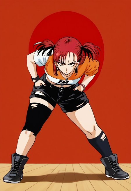 gakuro, 4kira, <lora:EarlyAkira_v4:1>, score_9, perfection, source_anime, ((perfect anatomy)), (athletic body), relaxed pose, hands on pocket, (mature female), gakuro, drgbls1, (akira toriyama style), score_9, perfection, source_anime, (athletic body), relaxed pose, confident demeanor, 1girl, solo, tomboy, delinquent girl, small breasts, wide hips, red hair, full body,  eyelashes, black footwear, black ribbon, black shorts, black socks, black thighhighs, boots, cleavage, crop top, earrings, jewelry, kneehighs, nail polish, necklace, o-ring, short shorts, shorts, single kneehigh, single sock, single thighhigh, socks, thigh strap, thighhighs, torn clothes, two side up,