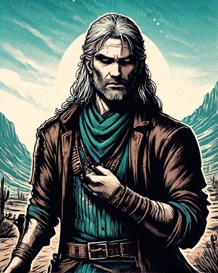 Emotional Geralt of Rivia cosplaying as Osiris, Actor, Deep Purple, Teal and Bronze Hair Tie, at Dusk, soft focus, (figurativism art by Jan Wiegers:1.0) , Starlight, Pastel Colors, <lora:Western_Comic_Style:1>