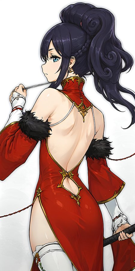 <lora:Light of Genesis_(Langrisser)-000090:1>,light of genesis_(langrisser),outfit_(main),detached sleeves,revealing clothes,bare shoulders,white thighhighs,navel,side slit,from behind,