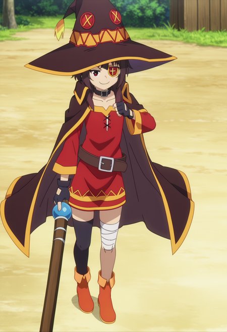 score_9, score_8_up, score_7_up, source_anime,
BREAK
1girl, solo, anime screencap, anime coloring, 
<lora:shiMeguminV1:1>, 
shimegudef, defaultdress,  short hair, brown hair,  red eyes,
 collarbone,  black gloves, choker, belt, fingerless gloves, cape, collar, witch hat, red dress, eyepatch, holding staff,
bandaged leg, single thighhigh, 
looking at viewer, smug,