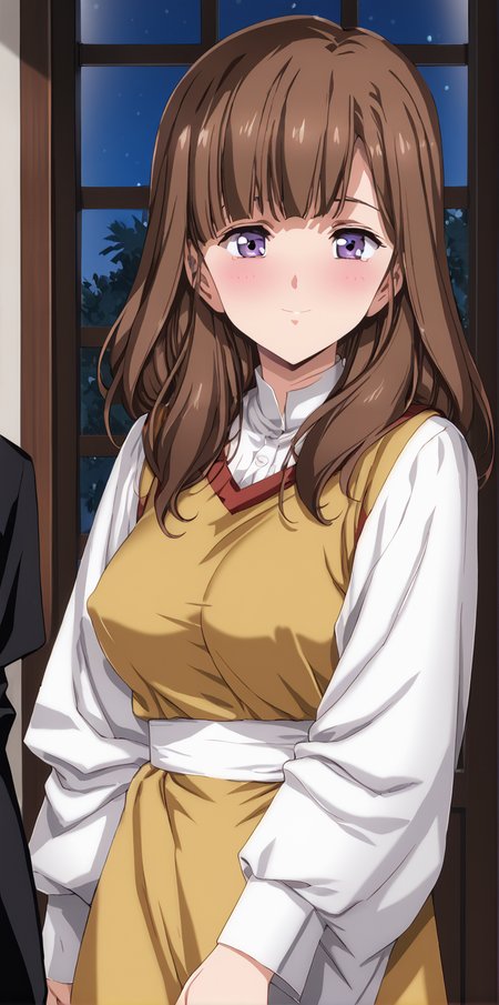 1girl, 1boy, masterpiece, highres, high quality,night, dark room,
score_9, score_8_up, score_7_up, score_6_up, source_anime,
(mature female), cowboy shot, 
BREAK
indoors, (blush:2), seductive smile, smile, 
covered nipples, 
BREAK,
BREAK,
Odoko, long hair, bangs, brown hair, purple eyes,<lora:Urushihara Satoshi_XL_PONY_V2:0.9>,<lora:WanderingWitch:0.8>