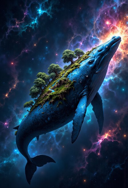 A giant blue whale floating through space. A landscape with trees, grass and a river grows on his back. The background is dominated by a colorful nebula.   <lora:MysticFantasy:1>