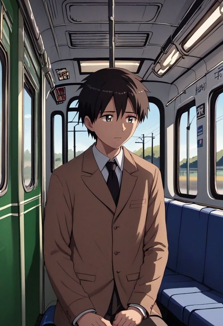 high resolution, solo, best quality, 1Boy, Takaki Toono, Brownish Hair, Brown Eyes, train, inside train, OverallDetail