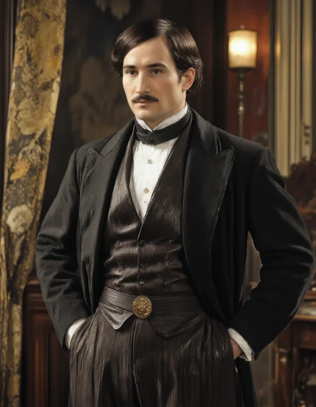 Full body shot  of mature 45yo man, <lora:1900s_Drama_Movie:1>, ArsMovieStill, movie still from a 1900s drama movie, <lora:GOGOL:1>