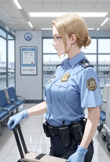 masterpiece, best quality, amazing quality, absurdres, 

0c_tsa,n0rtas, 1girl, solo, blonde hair, single hair bun, low hair bun, blue eyes, parted lips, medium breasts, police uniform, policewoman, blue shirt, collared shirt, epaulette, badge, name tag, blue gloves, rubber gloves, black pants, belt, pouch,

 , checking, open luggage, airport, security check, blurry background, from side, profile, 
