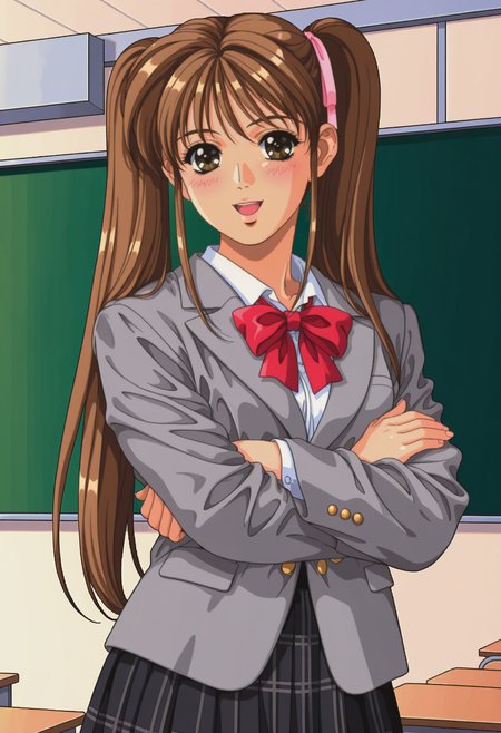 highres, best quality, masterpiece, classroom, chalkboard, 
1girl, solo, pixel art, 1990s \(style\), brown hair, long hair, twintails, brown eyes, pink ribbon, hair ribbon,
school uniform, grey jacket, collared shirt, red bowtie, plaid skirt, black skirt,
looking at viewer, blush, smile,
standing, crossed arms, open mouth, 
<lora:_yuka_galspanic-elesico-ilxlB:1>