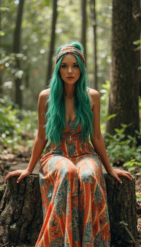 Generate a photorealistic image of a modern hippie girl.

She has long, flowing emerald green hair with a bright flowing fabric headscarf Used to decorate a braid or ponytail.. 

She wears a flowing maxi dress with vivacious colors and flaming patterns. 

She is singing a soulful tune while sitting on a tree stump in an old growth forest.

She has realistic skin that is not flawless. She has Doe silver eyes. She has a roman nose. She has a angular chin. She has a bigger Athletic breasts. She has natural unshaven body hair.  She has not recently showered, her skin may be a little bit dirty. She wears little make-up except for her lip gloss.  She has painted toenails