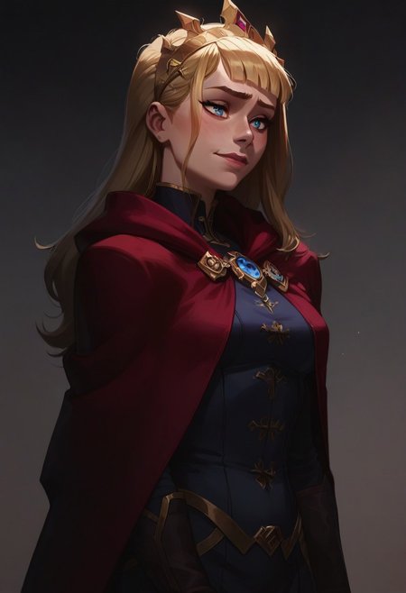 score_9, score_8_up, score_8_up, raw, masterpiece, best quality, perfect anatomy, very aesthetic, absurdres,
perky breasts, 
1girl, solo, cagliosaka,  blonde hair, half-closed eyes, nervous smile, red cape,
rating safe, standing, 
cowboy shot,  
simple grey background, Expressiveh, concept art, realistic, dark theme, low light, arcan3styl3v1,