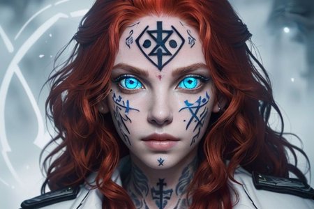 bright red hair, human female, (feminine:1.7), (beautiful face, detailed face:1.6), (beautiful eyes, detailed eyes:1.7), (looking at viewer, eye contact, intense:1.6), (long hair, red hair, curly hair:1.3), , ((masterpiece, best quality, high resolution, realistic, best quality,)), photo realistic, Perfect Face, (detailed face). <lora:GoodHands-vanilla:0.6> <lora:add-detail-xl:0.8>, mage, (Dress White military uniform coat), dagger, rune dagger, glowing runes, , (((glowing magic symbols tattoos, religious tattoos))), ((face tattoos)), glowing tattoos, stone tower in the background