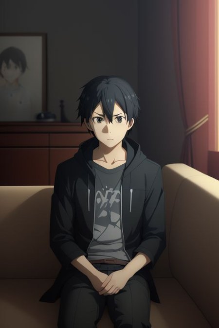high resolution, solo, best quality, 1Boy, Kazuto Kirigaya, portraits, Black Hair, Black Eyes, deep talk, depression, sit, couch, OverallDetail