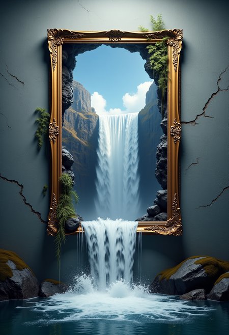 surreal art rendition of a photo frame depicting an epic waterfall scene with the bottom part of the frame broken leading to water spilling on the wall, anti-aliasing  <lora:Dever_Flux_Enhancer:0.5>