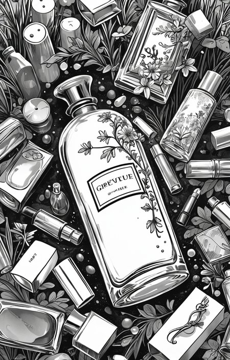 masterpiece,best quality,<lora:tbh373-sdxl:0.6>,illustration,style of exhausted people ,greyscale and white,comic A bottle of perfume in garden